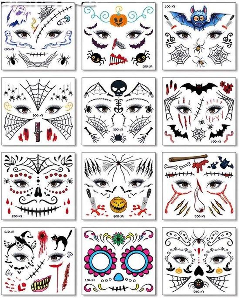 Steampunk-Tattoo-Gesicht 12-Lamellen - Dämon-Skelet-Gesichtstattoo für Karneval und Halloween
