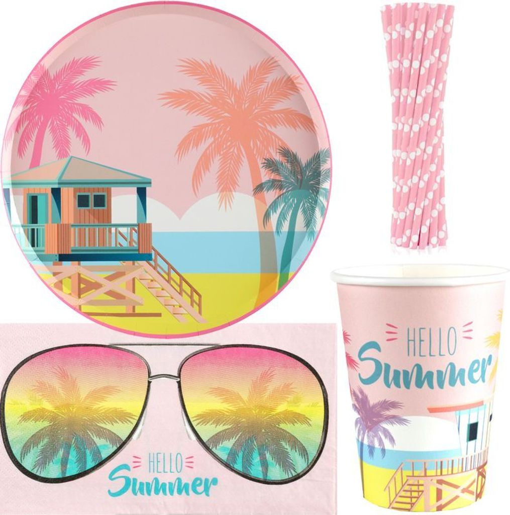 Partyset Hawaii Party Strandparty Deko Einweggeschirr rosa Teller Becher Servietten