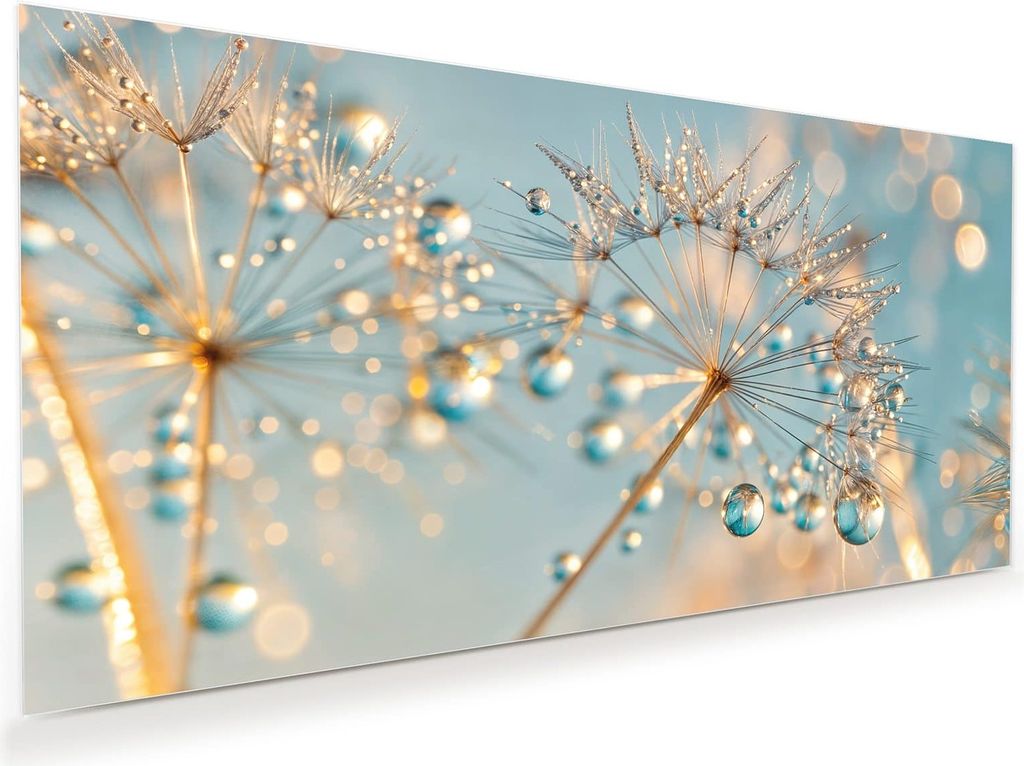 Glasbild 80x40cm in XXL für Wohnzimmer, Schlafzimmer Motiv Pusteblume Wassertropfen