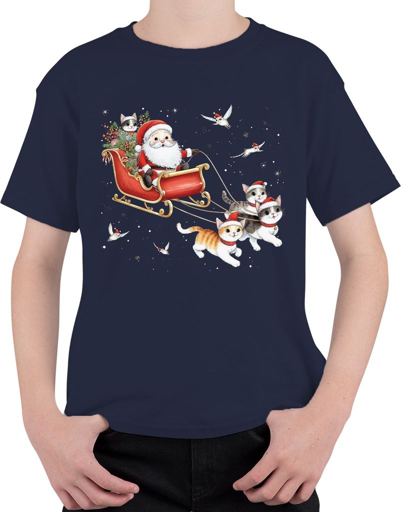 Santa Claus Schlitten Katzen Kätzchen - Weihnachten Weihnachtsgeschenk Christmas Uni Kinder T-Shirt, Navy, 116