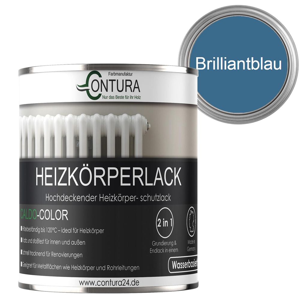Contura 750ml Heizkörperlack Seidenmatt Heizungslack Heizkörperfarbe Heizung Farbe Radiator Metalllack - Brilliantblau RAL 5007
