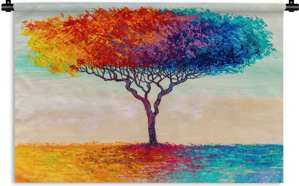 MuchoWow Wandteppich Wandbehang Gemälde - Ölfarbe - Baum - Regenbogen 150x100 cm Tapisserie Dekoration Wandtuch - Waschbar - Tapisserien - Wand...