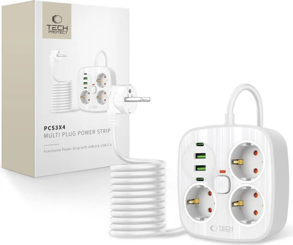 Multipresa Tech-Protect PCS3X4 Bianca: 3 Sockets + 2 USB-C + 2 USB-A
