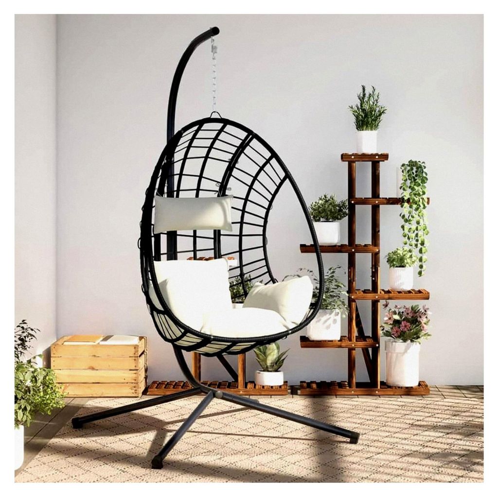 Hängesessel im Ei-Design mit Ständer in Beige aus Rattan und Stahl, Hängekorb Sessel für Outdoor und Indoor, Relax-Stuhl für Garten, Terrasse ...