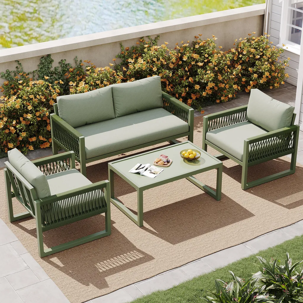 Salon de jardin 4 pièces en corde avec fauteuils et table en verre vert