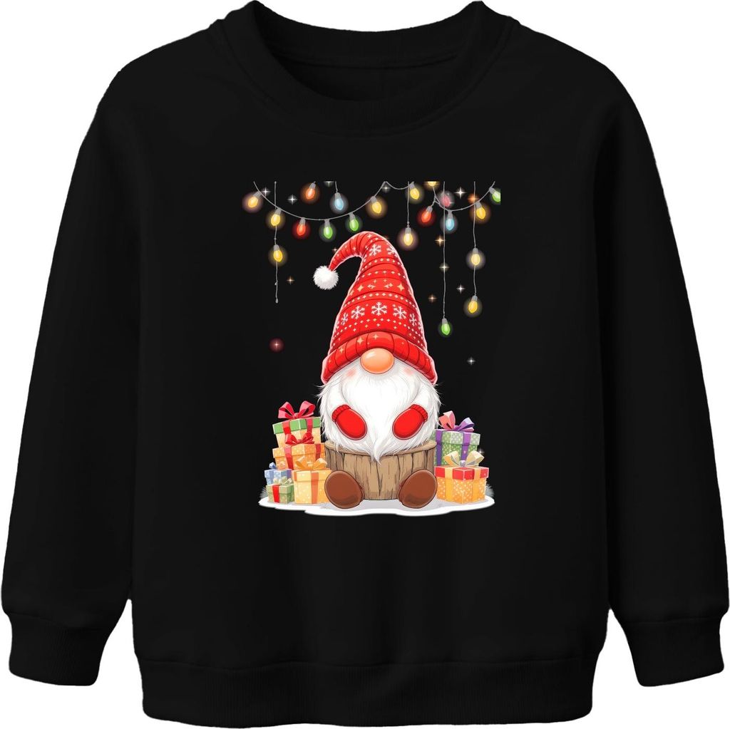 Weihnachtswichtel Gnom rote Mütze Geschenke Lichterkette nordisch Uni Kinder Sweatshirt Pullover, Schwarz, 152