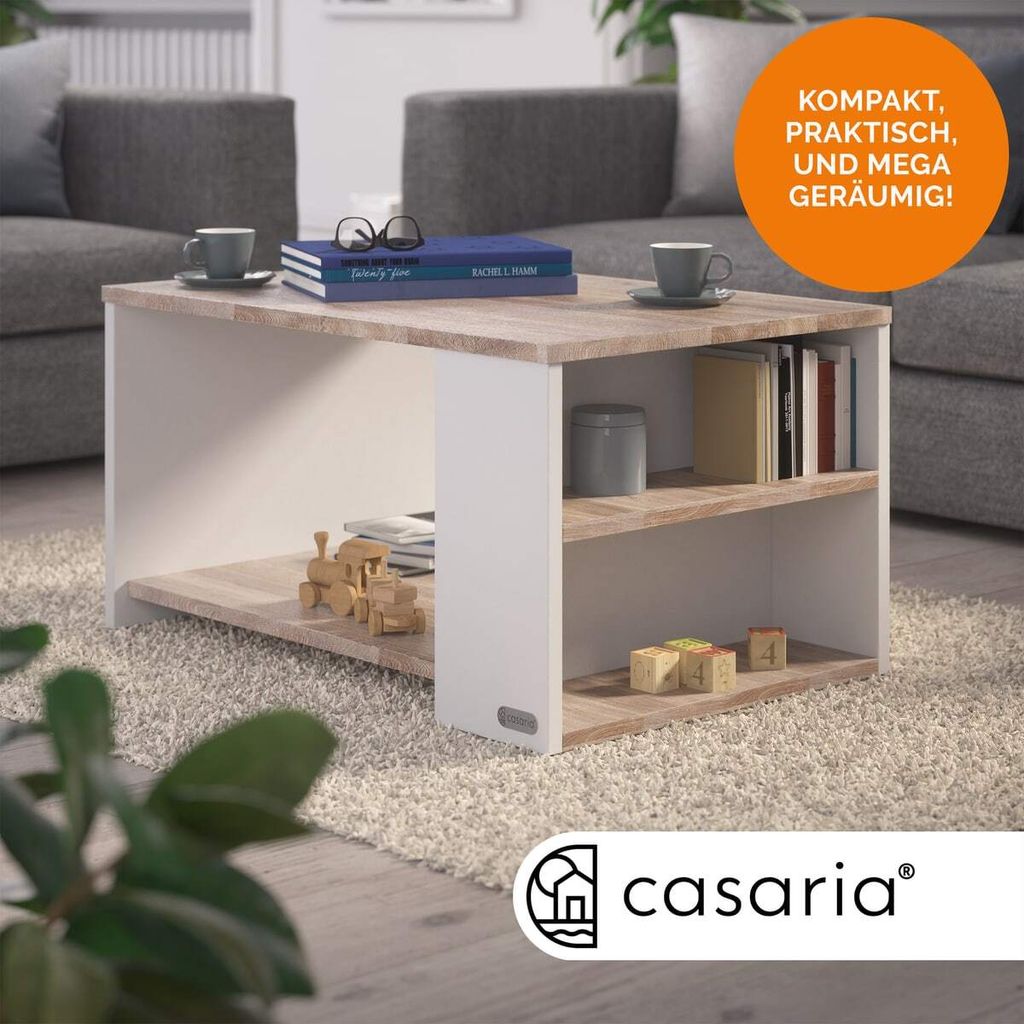 CASARIA® Couchtisch Weiß Eiche Holz mit Stauraum 2 Fächer Produktbild 2