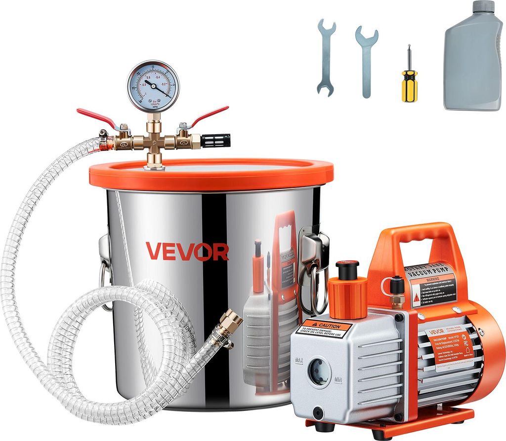 A vacuum chamber kit with a pump and accessories, displayed on a white background.