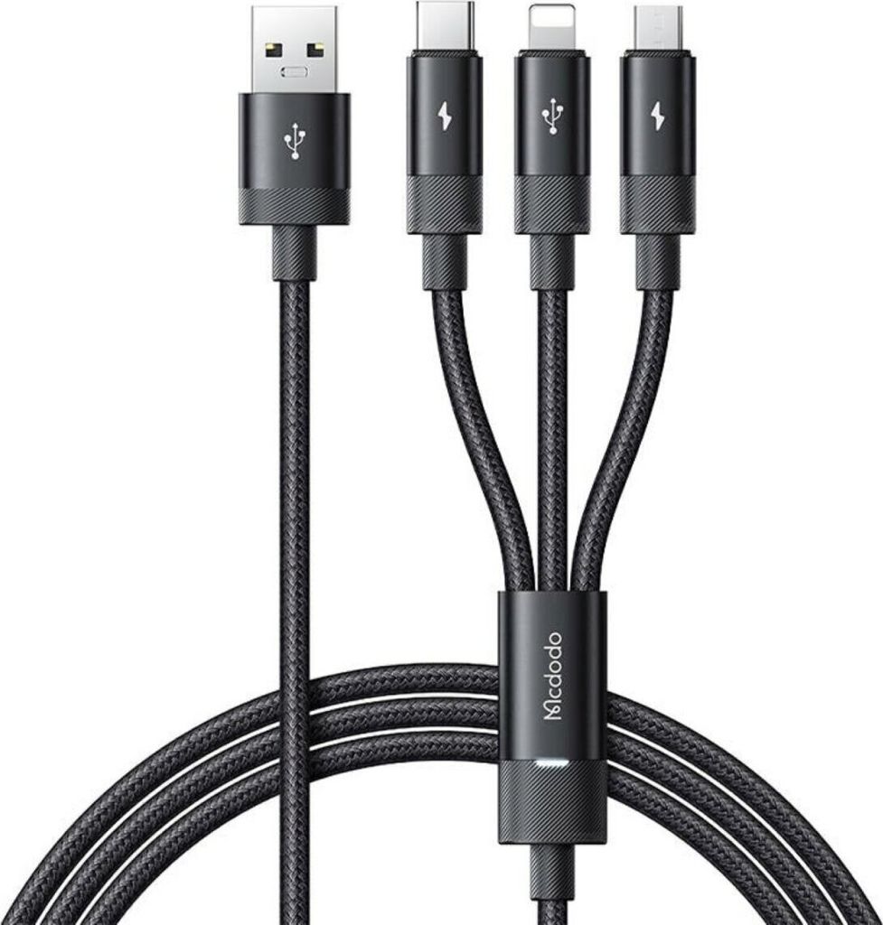 35W 3in1 USB auf USB-C/Lightning/Micro USB Kabel 3.5A, 1.2m schwarz