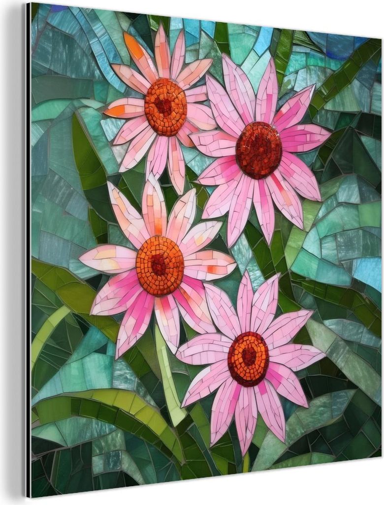 MuchoWow Wanddekoration Metall Metallbild Wandkunst 90x90 cm Blumen - Rosa - Glasmosaik MuchoWow Aluminium Gemälde - Dekoration - Industrial - Metall