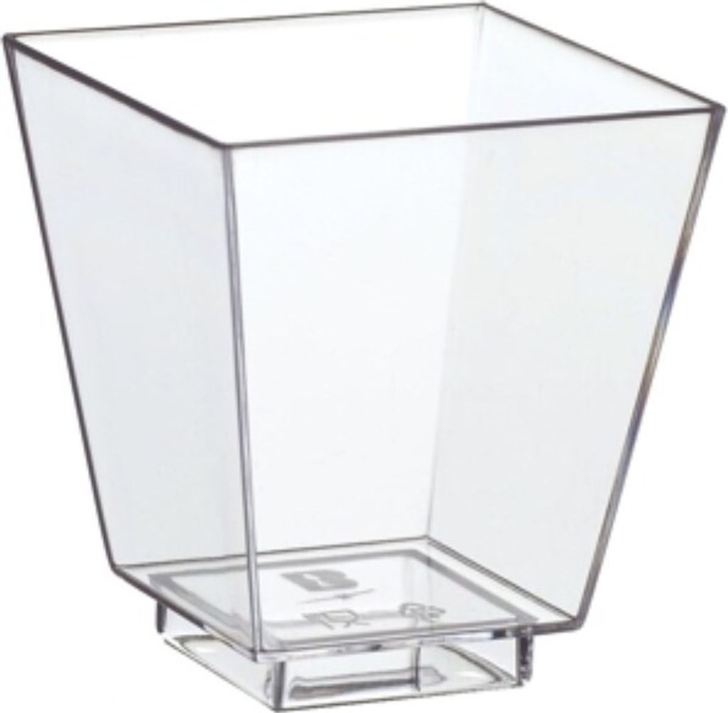 A clear, empty, square-shaped plastic cup.