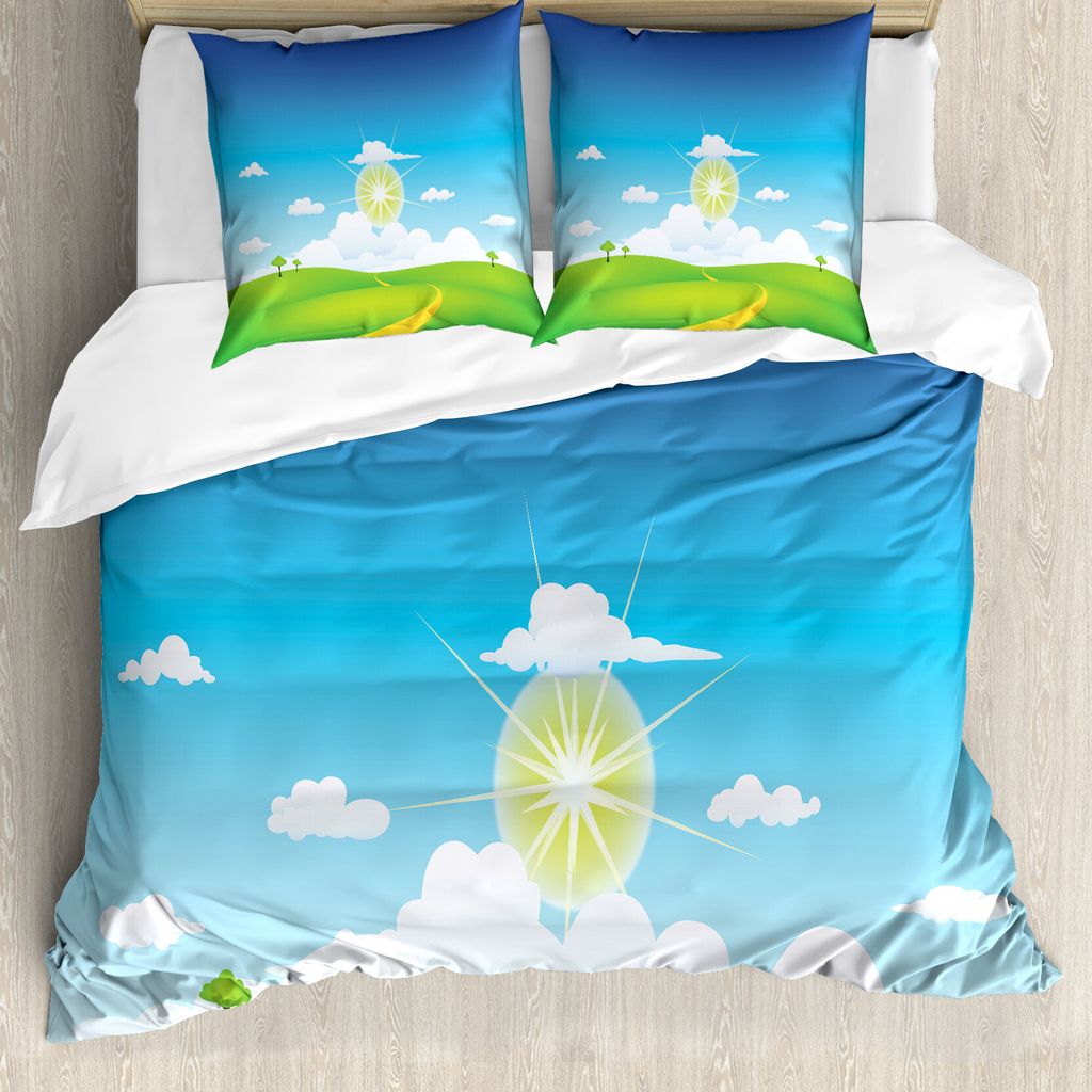 ABAKUHAUS Landschaft Bettbezug Set für Einzelbetten, Grass Hill Sonne und Wolken, Milbensicher Allergiker geeignet mit Kissenbezug, 155 cm x 220 c...