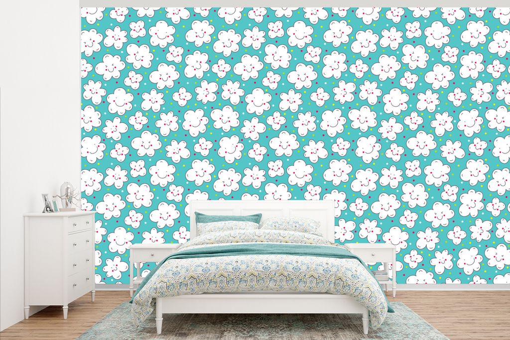 MuchoWow Fototapete für Wohnzimmer oder Schlafzimmer Wandtapete Vinyl Motivtapete Muster - Wolke - Himmel - Jungen - Kinder - 375x240 cm - Wand ...