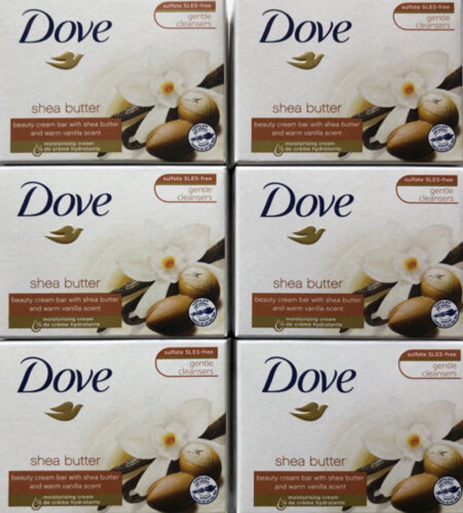 A grid of six Dove Shea Butter beauty cream bar packages.