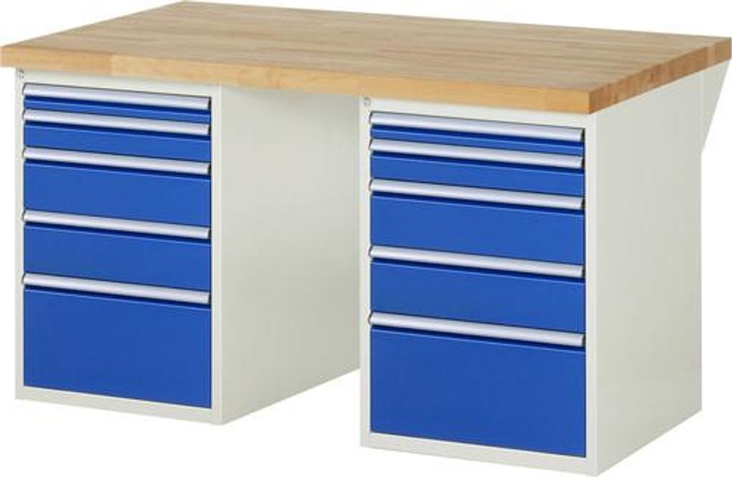 Werkbank mit 10 Schubladen - Vollauszug - 60:2 / 90:2 / 150:4 / 270:2 - 840 x 1.500 x 900 mm (HxBxT) - Traglast 1.000 kg - Buche