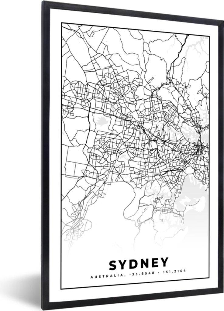 MuchoWow Gerahmtes Poster Sydney - Schwarz und weiß - Karte - Stadtplan 20x30 cm - Poster mit Schwarzem Bilderrahmen Wandposter Rahmen Foto Bild...