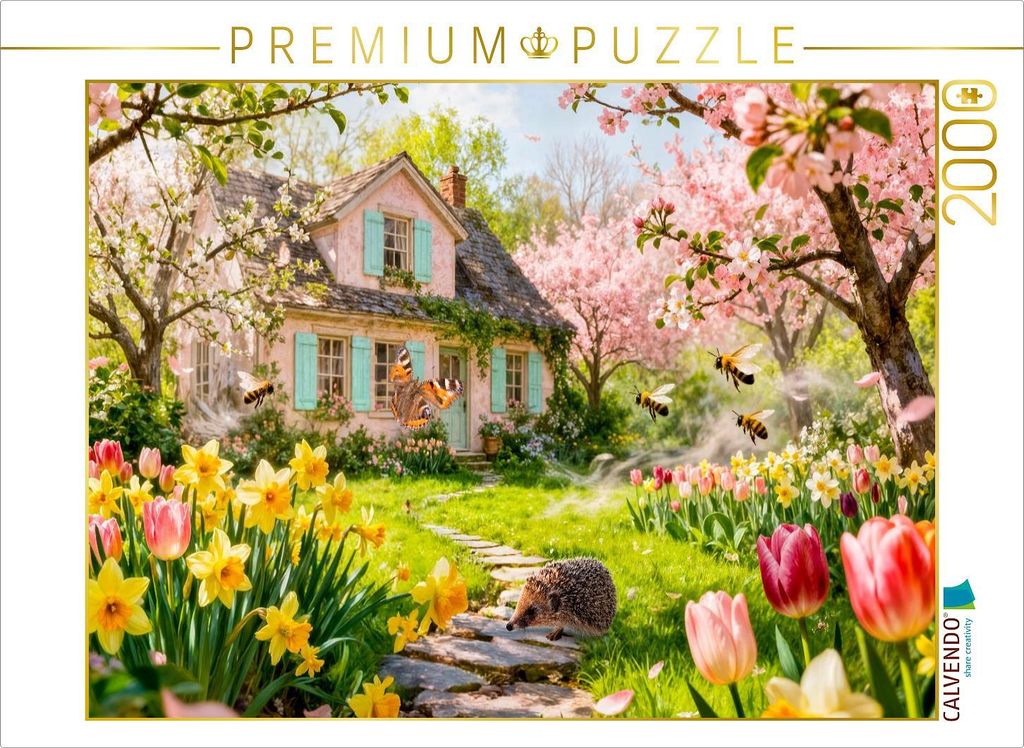 CALVENDO Puzzle Frühlings‐Cottage im Garten mit Igel und Blütenzauber | 2000 Teile Lege-Größe 90x67cm Foto-Puzzle für glückliche Stunden