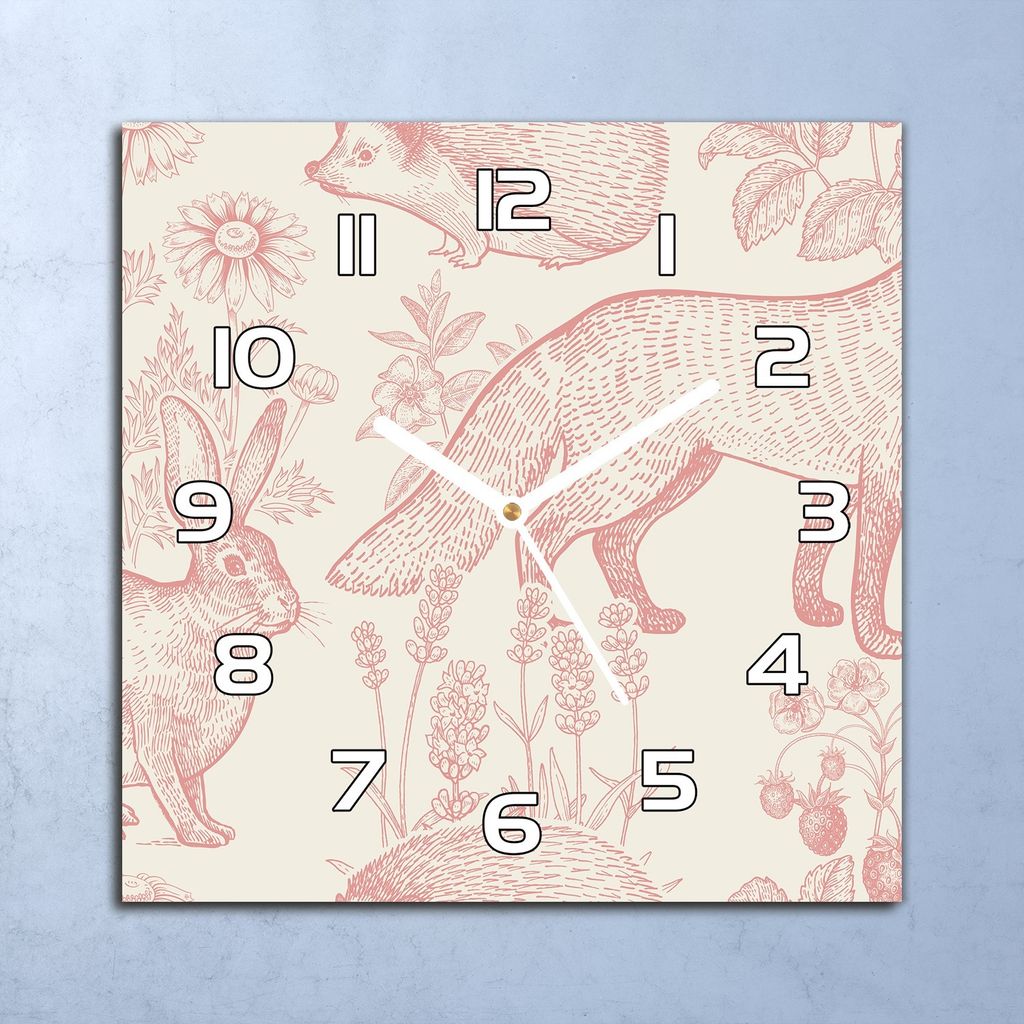 Deko Glasuhr Wanduhr 30x30 Rosa Waldtiere beige Quarz Produktbild 