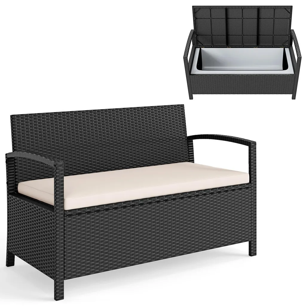 Banc de jardin beige en polyrotin résistant aux intempéries avec coffre