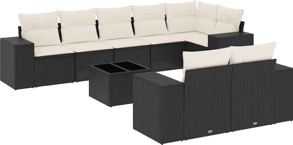 vidaXL 9-tlg. Garten-Sofagarnitur mit Kissen Schwarz Poly Rattan