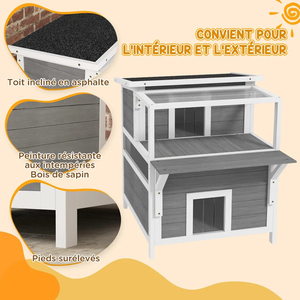 Cabane chat PawHut résistante intempéries bois gris toit ouvrant - 3