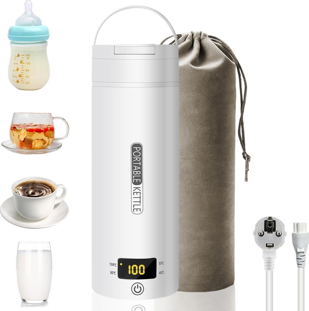 Reise Wasserkocher Klein Elektrische, 500ML/300W Tragbarer Wasserkocher Mini Wassertasse Edelstahl 316, Heizung Automatisch Abschalten,mit umkehrba...