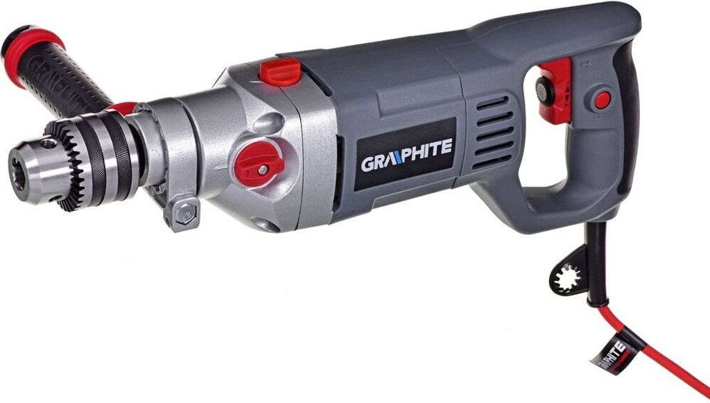 A gray and silver electric drill with a red handle and cord is shown against a white background.