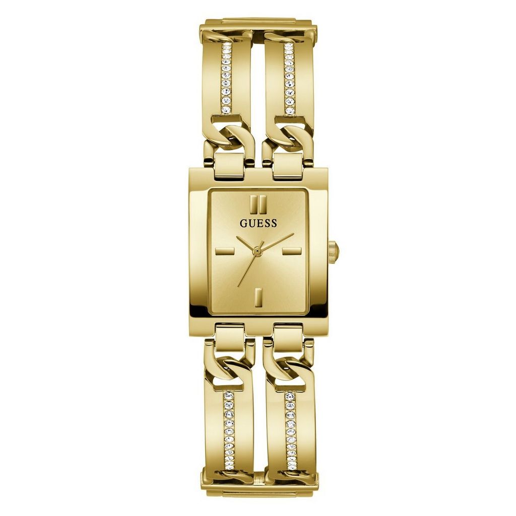 A gold Guess watch with a rectangular face and a chain-link bracelet.