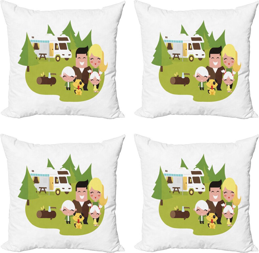 ABAKUHAUS RV Kissenbezug Set (4 Stück), Happy Camper Familie in Woods, Moderner Doppelseitiger Digitaldruck, 40 cm x 40 cm, Mehrfarbig