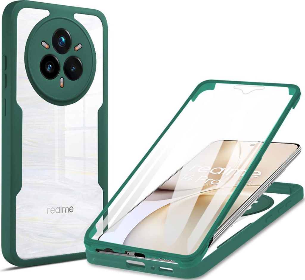 Schutzhülle für Realme 14 Pro, Eingebautem Displayschutz 360 Grad Komplettschutz Handyhülle Grün