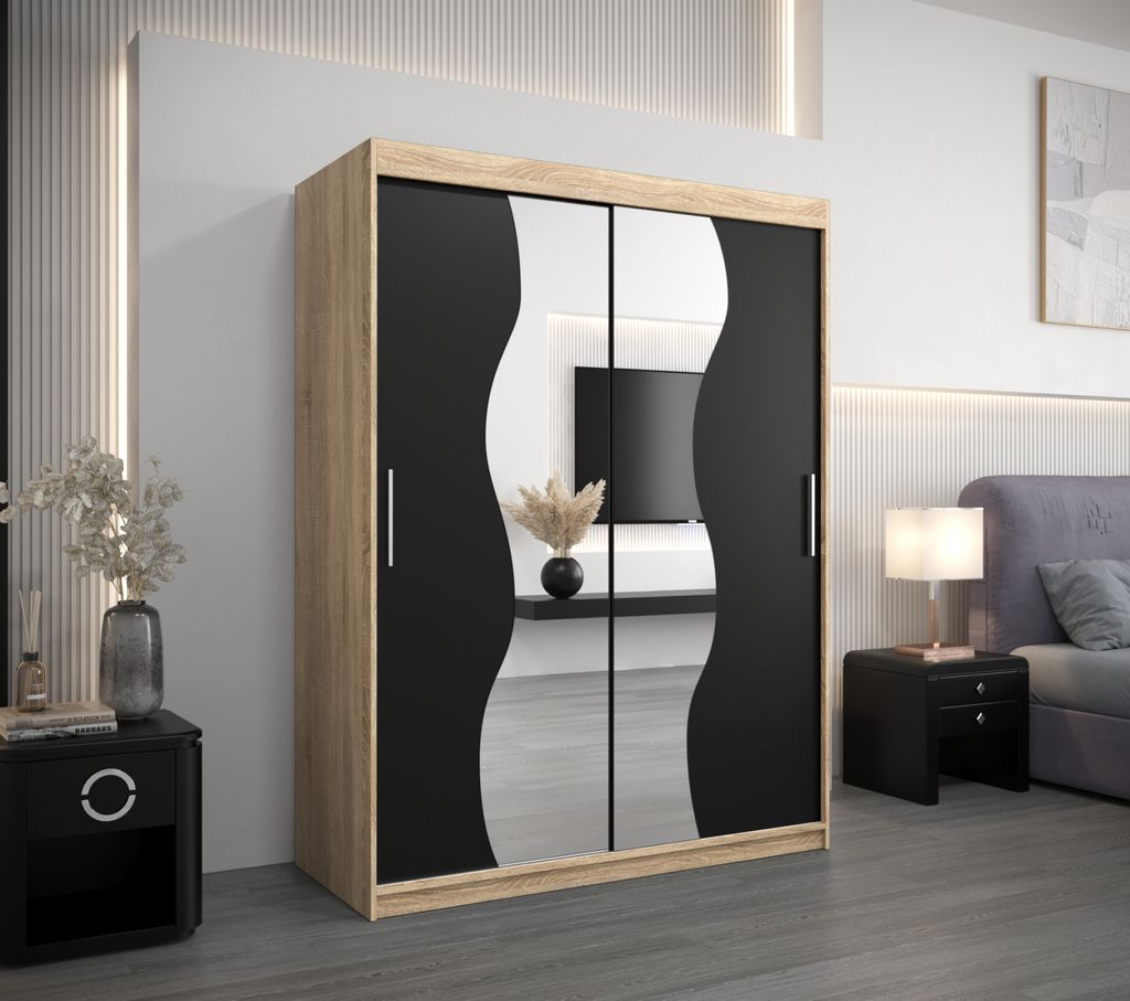 Kleiderschrank mit Spiegeln ULRIKA – Breite 150 cm, Sonoma-Eiche / Schwarz