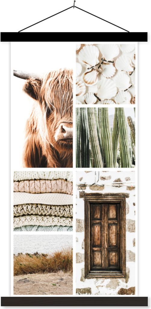 MuchoWow Textilposter Schottisches Hochlandrind - Collage - Kaktus 60x120 cm mit schwarzem Rahmen - Magnete