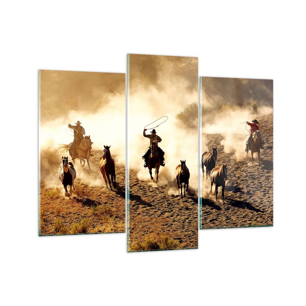 Bilder auf glas - Cowboys Pferde Galopp - 130x100cm - Glasbilder - Wandbilder - Kunstdruck - zum Aufhängen bereit - Wanddekoration aus Glas - Glas...