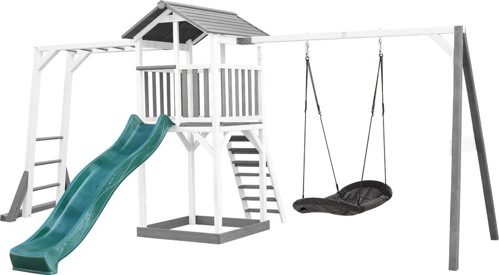 AXI Beach Tower Spielturm aus Holz in Weiß & Grau | Spielhaus für Kinder mit grüner Rutsche, Klettergerüst, Nestschaukel und Sandkasten | Stelz...