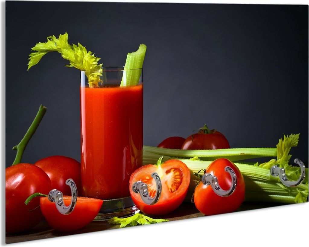 Wallario Handtuchhalter aus Glas, Motiv: Frischer Tomatensaft mit Sellerie, 30 x 20 cm mit 4 Haken