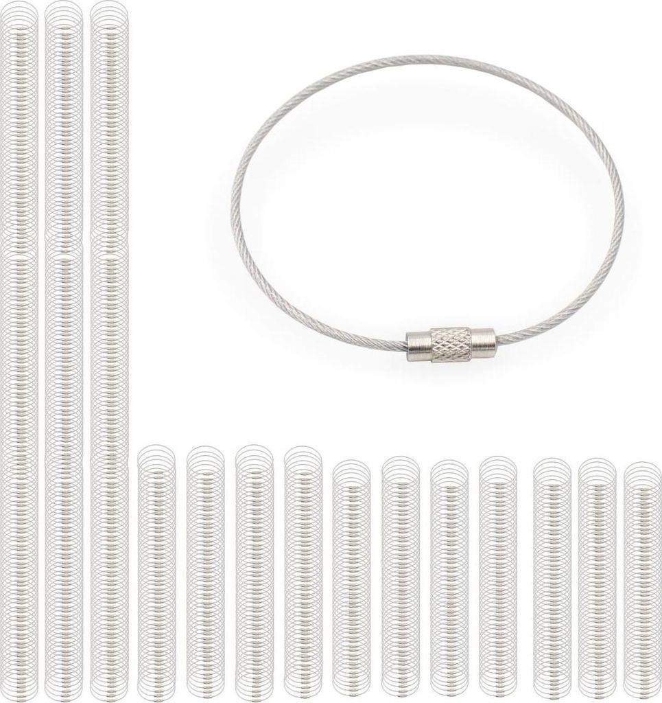 800x Drahtseil Edelstahlband Ø1,5mm mit Schraubverschluss transparent ummantelt (Schlüsselring / Schlüsselbund / Musterteilbund), Ø52 mm | Län...