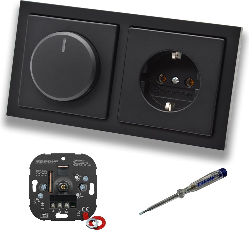 EBROM 1001 LED Drehdimmer Dimmer + Busch Jäger Dimmerscheibe 6540-885-102 und Steckdose mit Kinderschutz 20EUCKS-885 in Future Linear Schwarz matt...