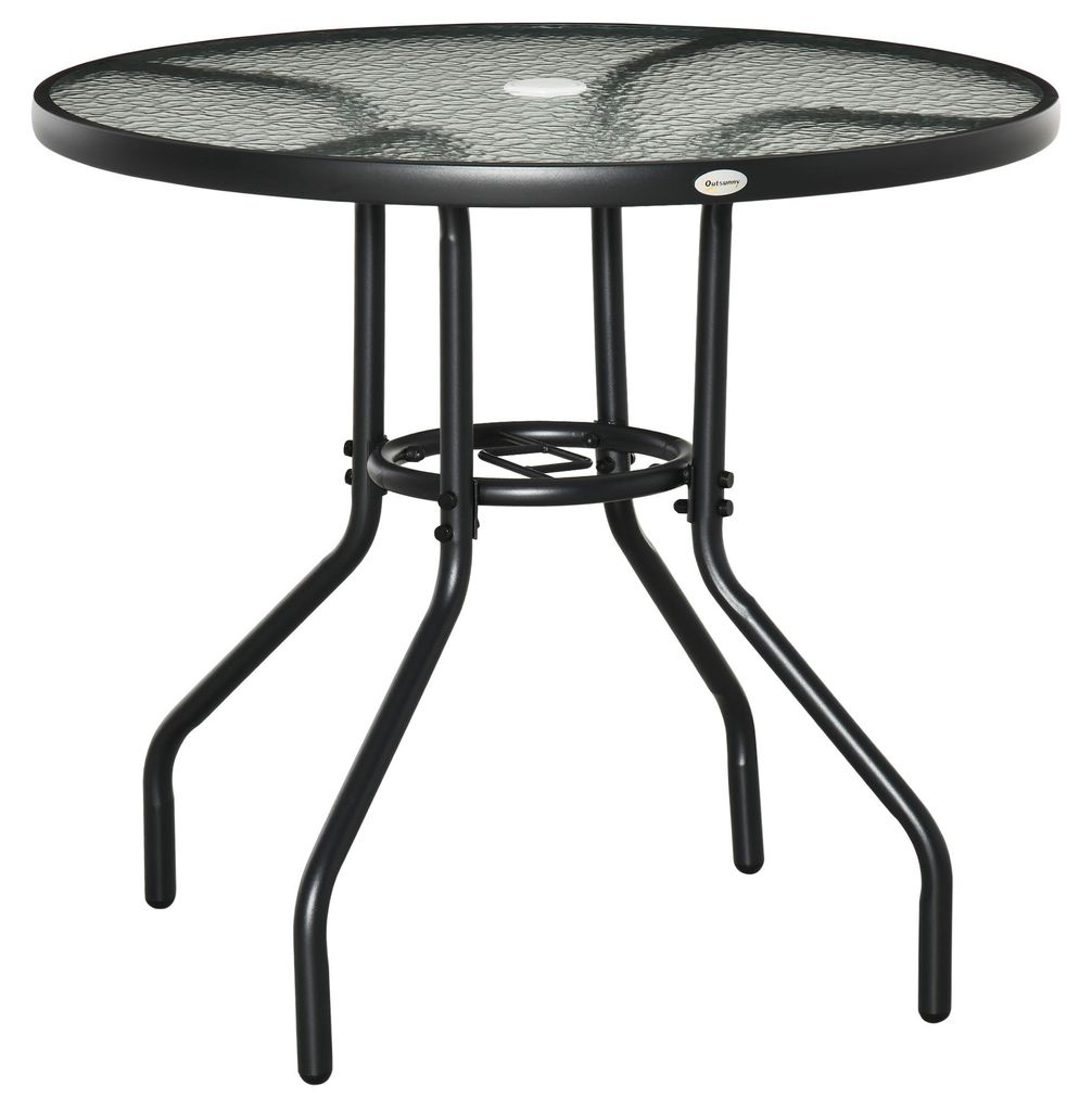 Runder Gartentisch mit Schirmloch, Hartglas+Metall, ?80x72 cm, Schwarz, fš¹r Schirme bis ?38 mm, Abdeckkappe inklusive