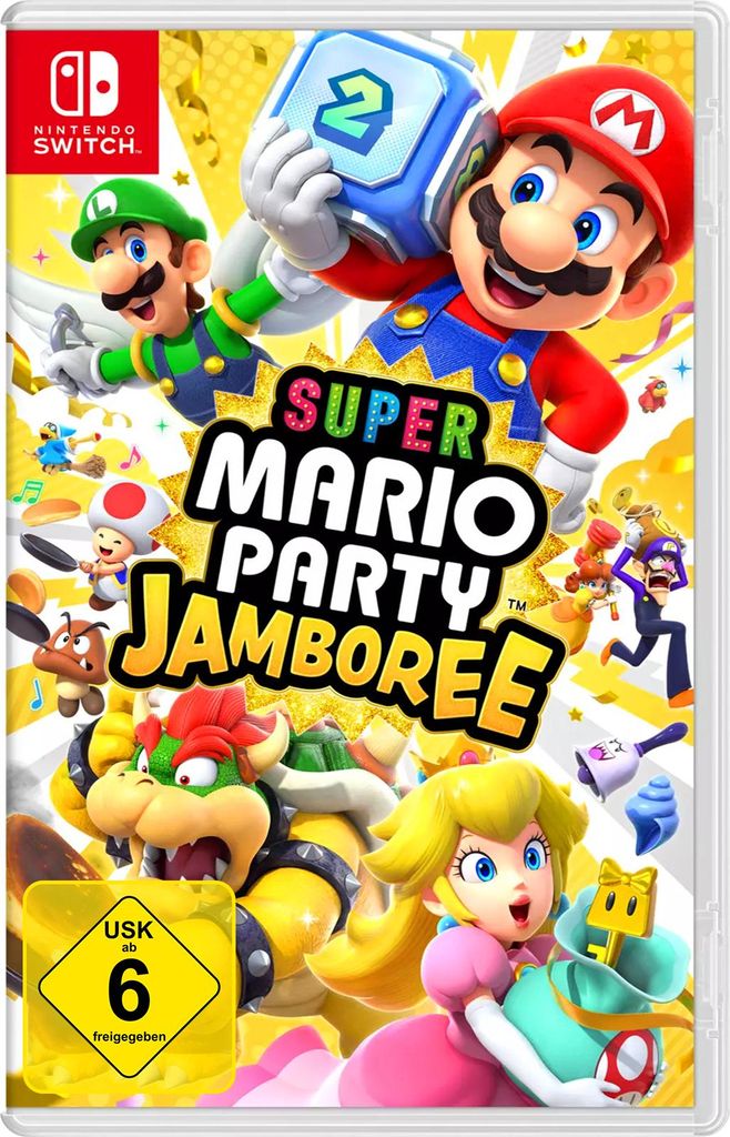 The cover art for the Nintendo Switch game Super Mario Party Jamboree, featuring various Mario characters.