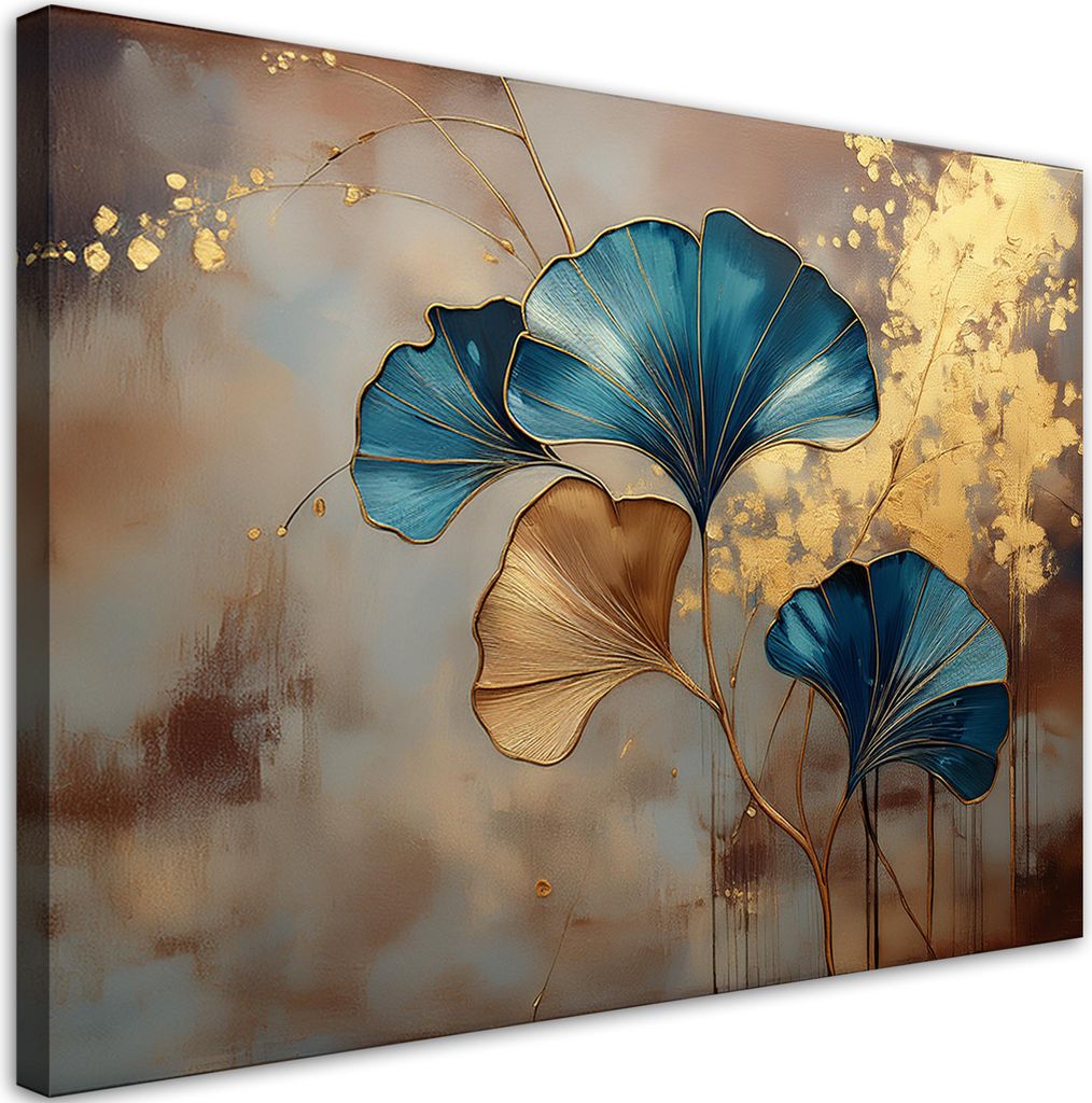 Leinwandbild Ginkgo Blumen Natur Gold 90x60 Feeby Braun bild für die wand bereit zum aufhängen