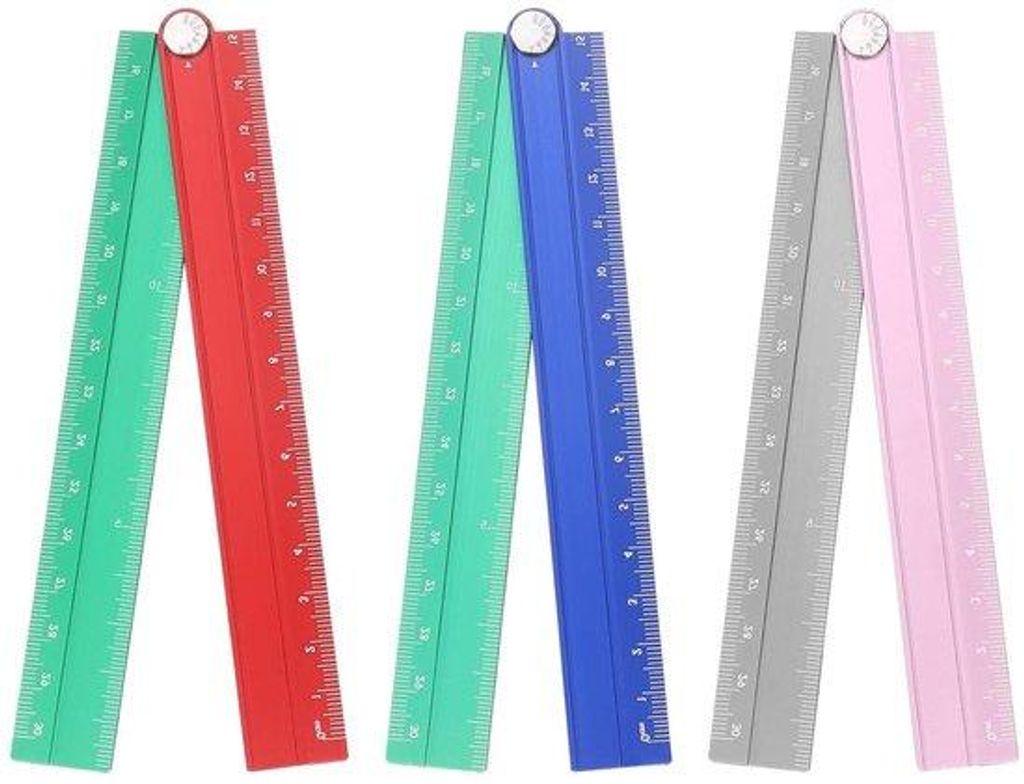 Architektur-Linienset 30 cm mit Bogen und Winkel - 3 Stück in Rosa, Silberblau und Grünrot - Faltbarer Aluminium-Liniensatz mit Metrischen Maßst...