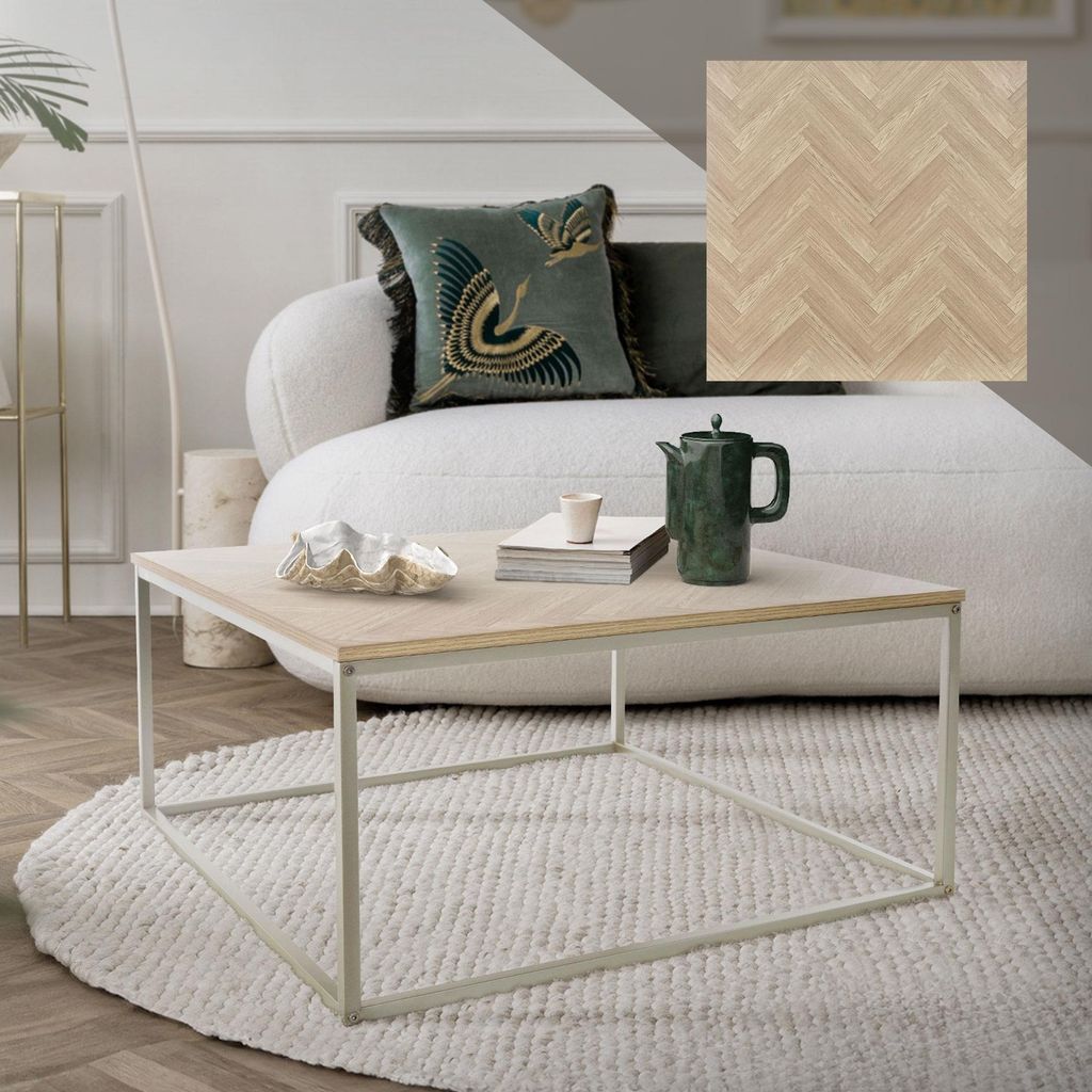 ML-Design Couchtisch 80x80x40 cm, Eiche Optik mit Fischgrätenmuster, Metallgestell Stahl Gold, Industriedesign