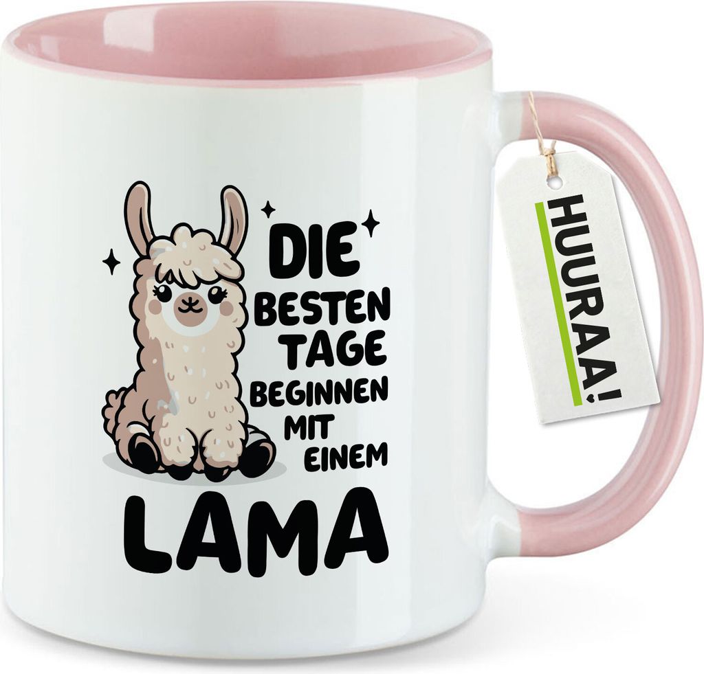 Huuraa Kaffeetasse Besten Tage beginnen mit einem Lama 330ml Rosa Keramik Kaffeebecher Geschenkidee