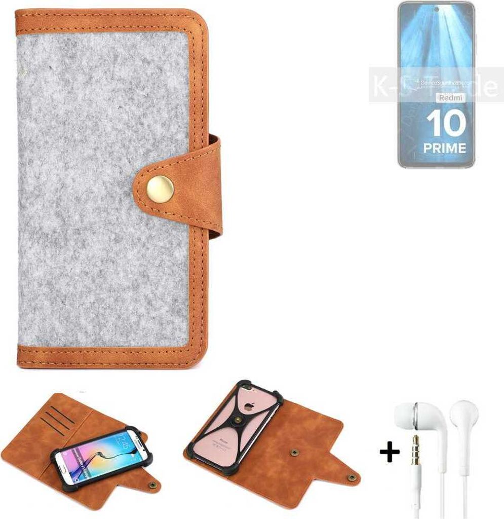 K-S-Trade Handyhülle + Kopfhörer kompatibel mit Xiaomi Redmi 10 Prime 2022 Schutzhülle Filz Hülle Kunstleder hellgrau braun (1x)