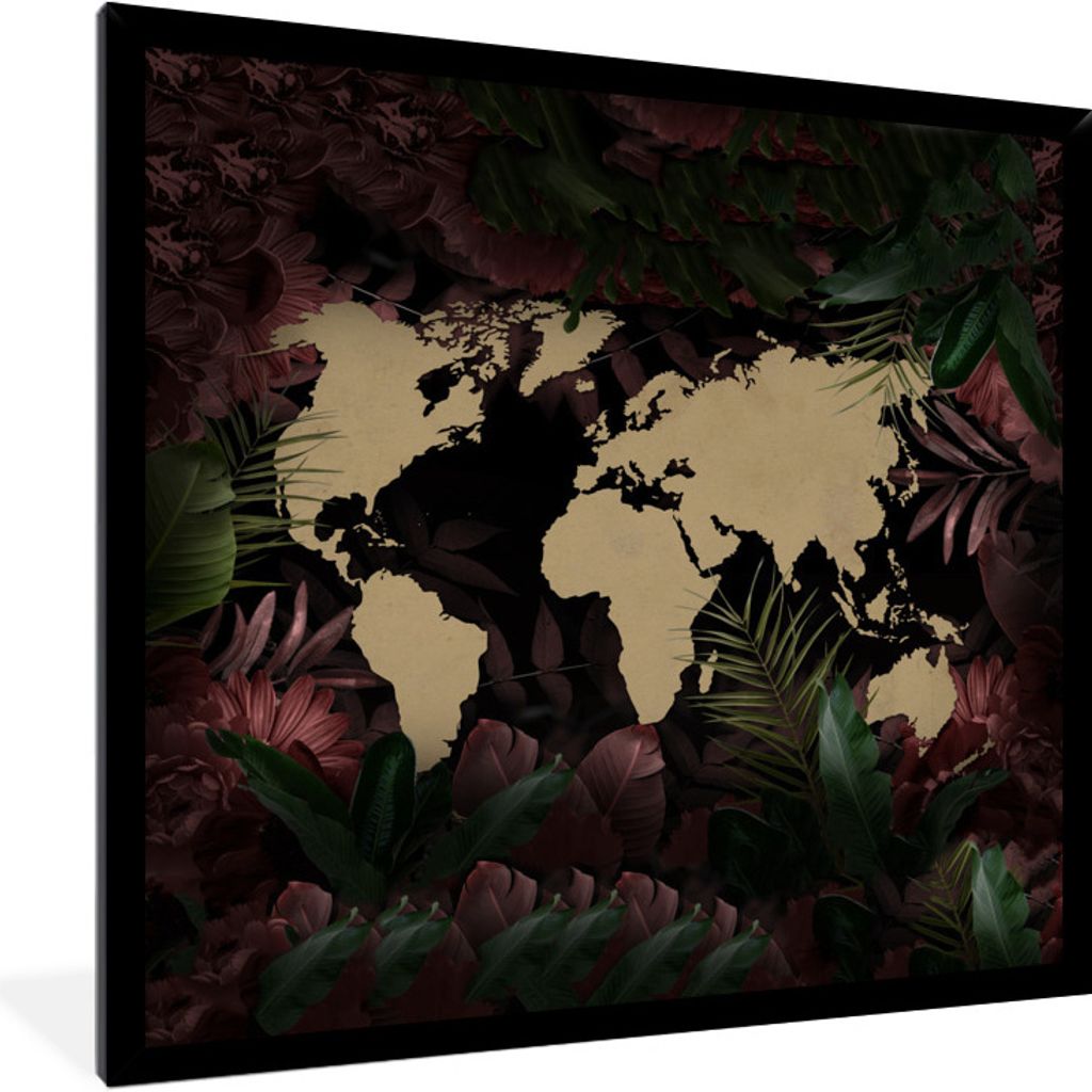 MuchoWow MuchoWow Gerahmtes Poster Weltkarte - Pflanzen - Einfach 40x40 cm - Poster mit zchwarzem Bilderrahmen - Mit Rahmen - Wanddekoration Sc...