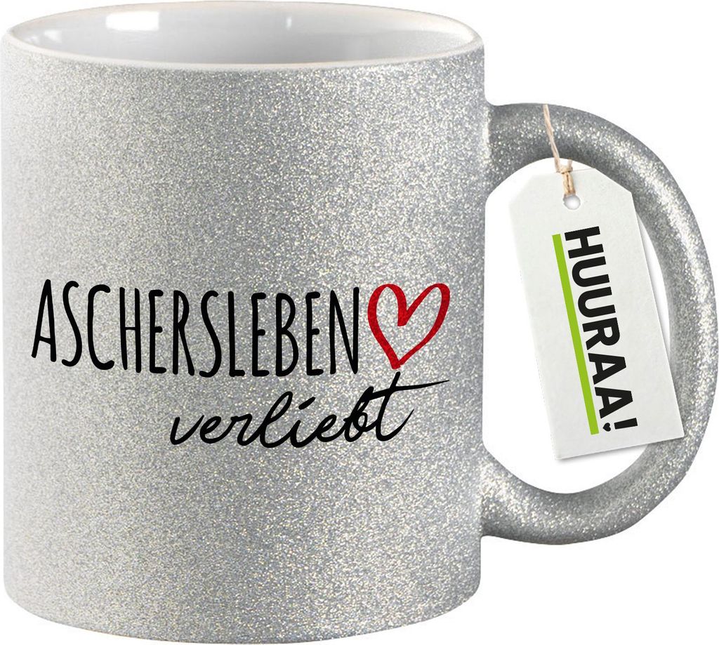 Huuraa Glitzertasse Aschersleben verliebt 330ml Silber Keramik Kaffeebecher Geschenkidee