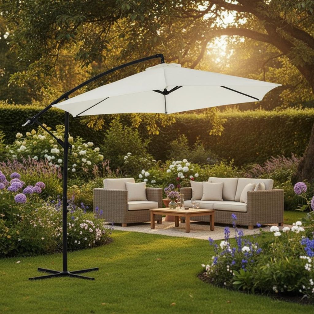 A patio umbrella shades a seating area in a garden.