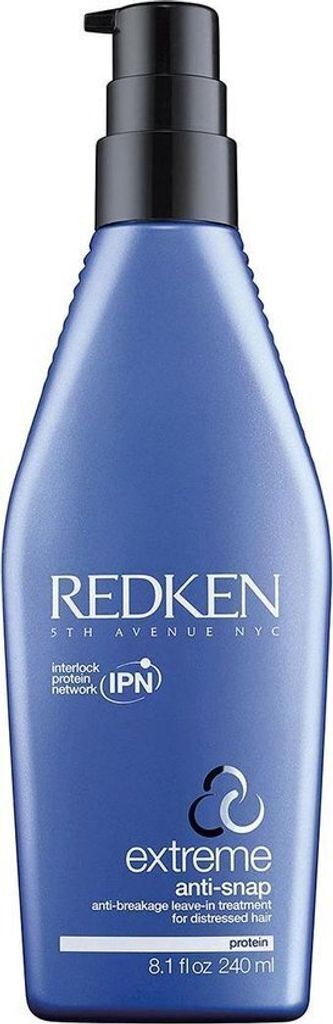 A product shot of a blue pump bottle of Redken Extreme Anti-Snap leave-in treatment.