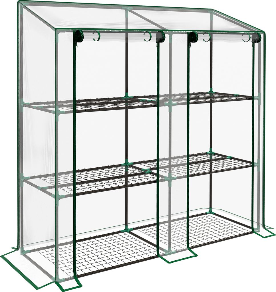 Outsunny Mini-Gartengewächshaus, 3 Ebenen mit verstärkter Kunststoffabdeckung, 2 Rolltüren, 6 Regale, Maße 143 L x 46 B x 141/151 H cm