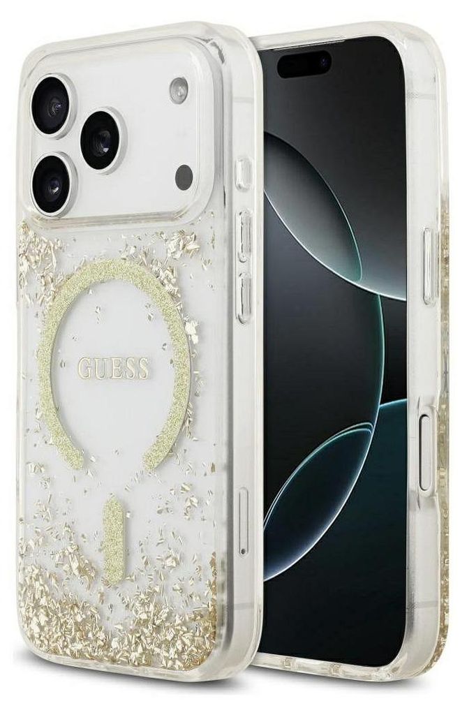 A clear shot of an iPhone case with glitter inside, showing the MagSafe ring and the Guess logo.